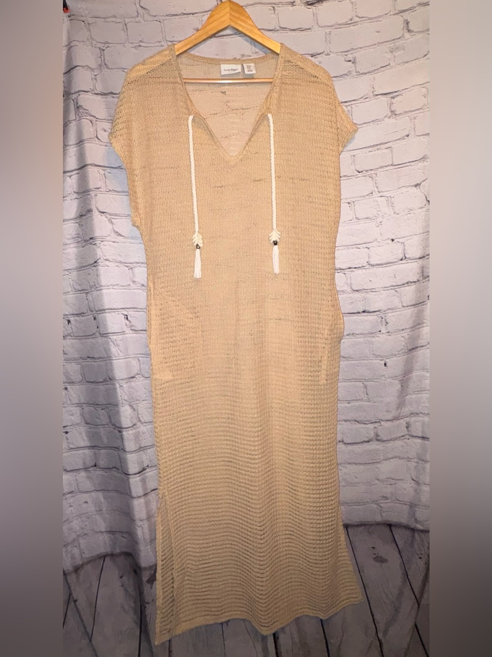 Haute Hippie Beige Crochet Open Weave Maxi Dress Swim CoverUp Size M Beach Vacay